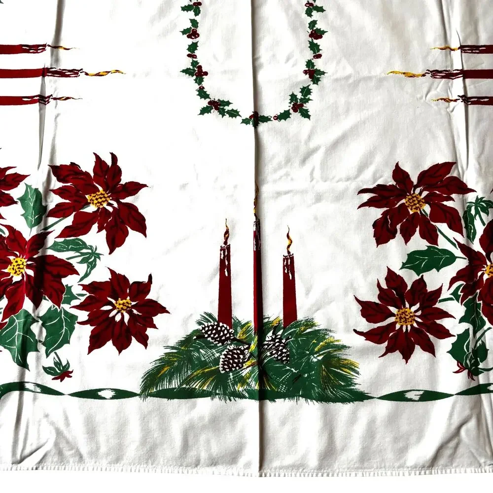 Vintage Christmas tablecloth printed cotton rectangle festive 1960's holiday